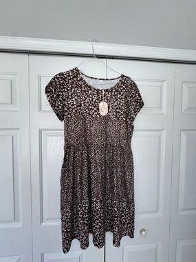 zeagoo Brown and White Floral Short Sleeve Dress